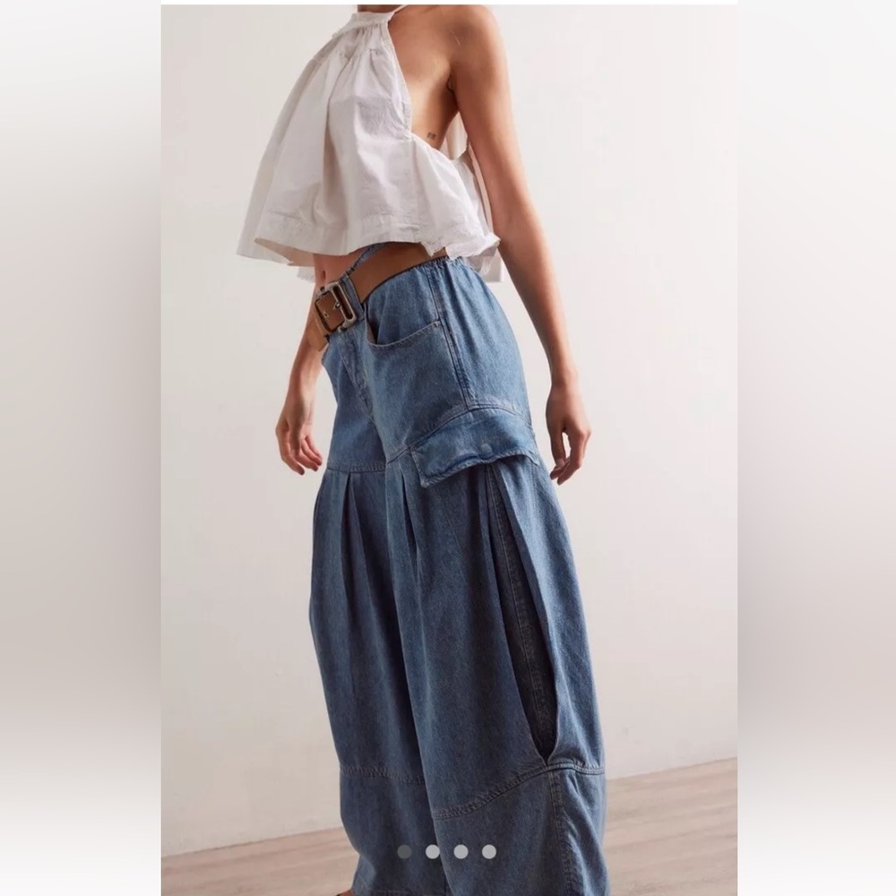 Free People Soleil Balloon Jeans We The Free Pleated Dirt Road Blue - Picture 1 of 6